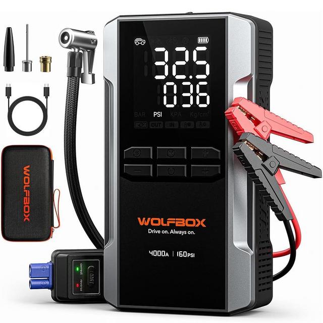 WOLFBOX 4000A Jump Starter with 160PSI Air Compressor, 12V Car Battery Booster, 65W Fast Charge, 24000mAh Portable Tire Inflator, LED Display for 10L Gas & 10L Diesel Engines, LED Light, Jumper Cables
