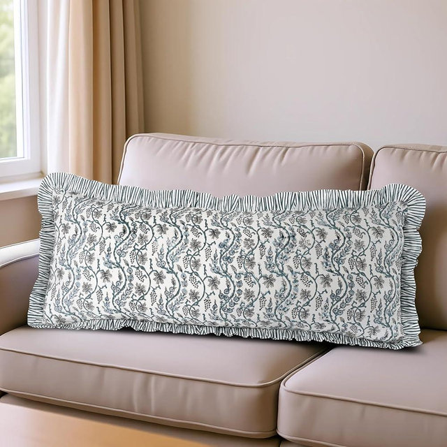 Ridhi Block Print Baby Blue Eyes 36"x14" Set 1-100% Cotton Ruffle Lumbar Sham Cover Boho Floral Pillowcase, Farmhouse Cottagecore Bedding, Soft Decorative Cover Gift for Spring, Easter, Valentine