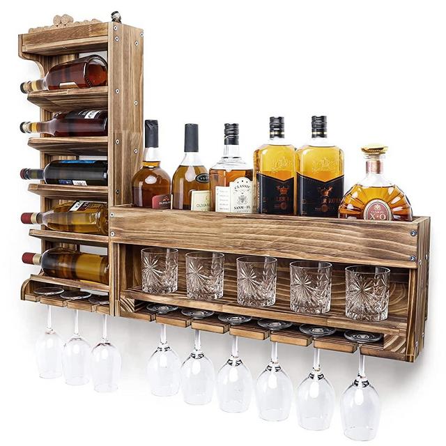Homde Wine Rack Wall Mounted Wood,Wine Shelf with Bottle Stemware Glass Holder Rustic, Wine Display Storage Rack with Cork Holder for Home Bar Kitchen Decor