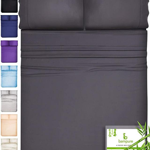 BAMPURE 100% Organic Bamboo Sheets - Bamboo Bed Sheets Organic Sheets Deep Pocket Sheets Bed Set Cooling Sheets Queen Size, Charcoal Gray