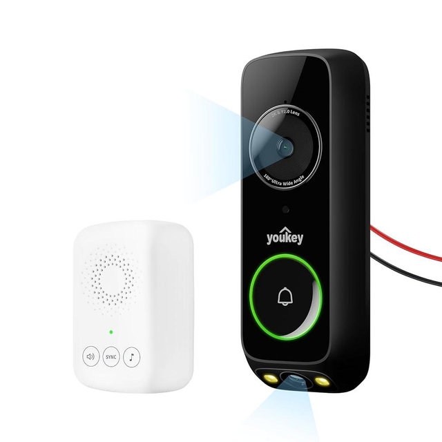 youkey Doorbell Camera Wired with Chime, No Monthly Fee, 2K Wired Doorbell with Head-to-Toe Video, Package Detection, 2.4/5GHz WiFi-6, Built-in 8GB Storage, Two-Way Talk, Color Night Vision, DB322