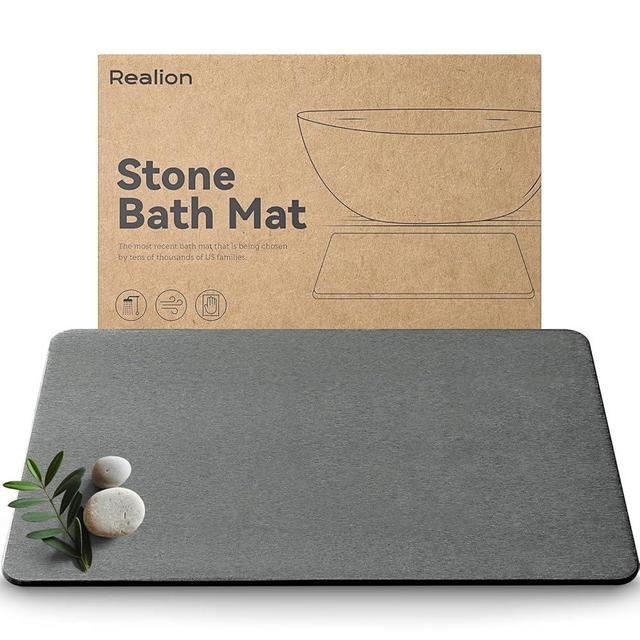 Realion Stone Bath Mat, Dries Quickly, Non-Slip Diatomaceous Earth Stone Bath Mats for Bathroom, Super Absorbent Stone Shower Mat, Easy to Clean, 23.5" x 15.5" Dark Gray