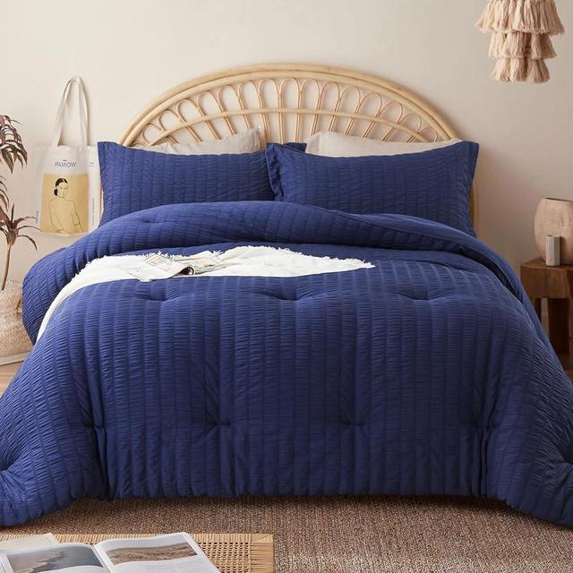 Cosybay Twin Comforter Set - 2 Pieces Seersucker Bedding Comforter Set, Navy Blue Down Alternative Comforter Set for All Season, 1 Comforter (64"x88") and 1 Pillow Shams (20"x26"+2")