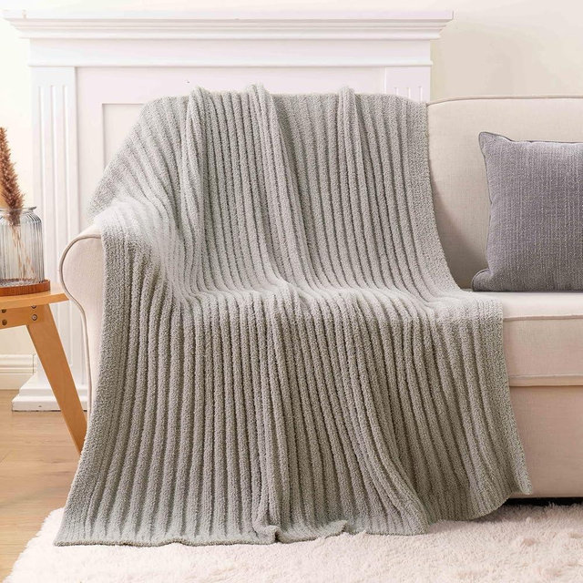 BATTILO Grey Throw Blanket for Couch, Fluffy Soft Plush Light Gray Chenille Blankets, Cozy Warm Lightweight Blanket for Bed, Sofa, Light Gray, 50"x60"
