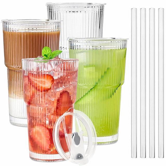 TUZAZO 20 Oz Glass Tumblers with Lids and Straws - 4 Pack Ribbed Glass Iced Coffee Cup with Straw and Lid, Thicken Glasses, Ideal for Smoothieds, Cocktails, and Juices
