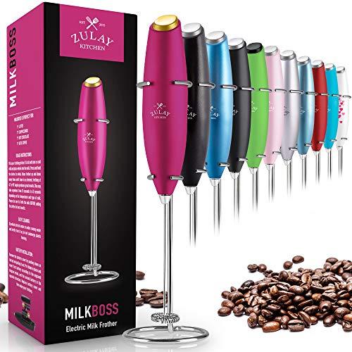 Zulay Milk Frother Handheld Foam Maker for Lattes - Great Electric Whisk Drink Mixer for Bulletproof® Coffee, Mini Blender and Foamer Perfect for Cappuccino, Frappe, Matcha, Hot Chocolate by Milk Boss - Pink with Gold Button