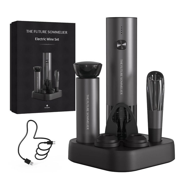CIRCLE JOY Rechargeable Electric Wine Opener Set 7-in-1 Aluminum Alloy Wine Gift Set with Electric Corkscrew, Foil Cutter, Wine Pourer, Storage Base, Vacuum Pump and 2 Wine Stoppers