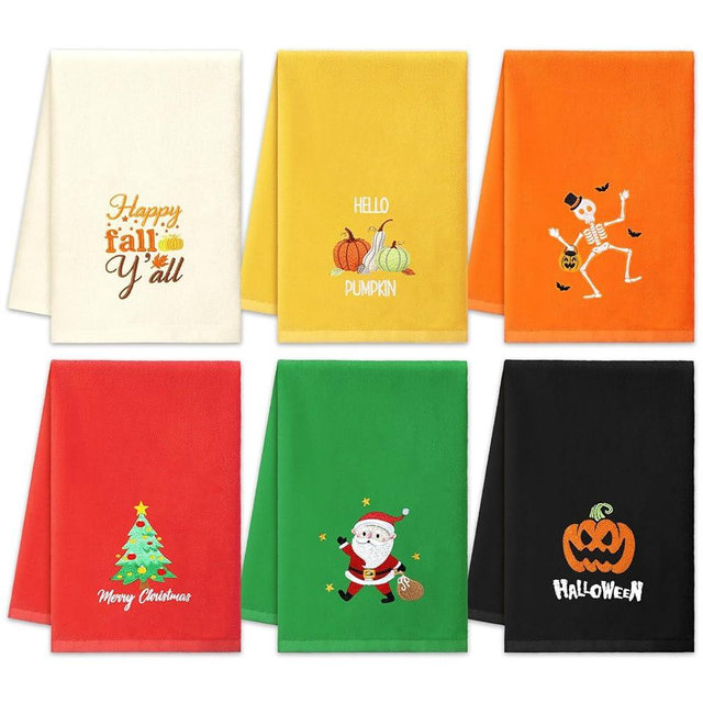 SmoothNovelty 6 Pcs Seasonal Hand Towel Gift Set, Fall Halloween Christmas Holiday Farmhouse Decorative Hand Towels for Bathroom, 13.78 x 29.53 Inch Absorbent Soft Cotton for Kitchen Autumn Decor Gift
