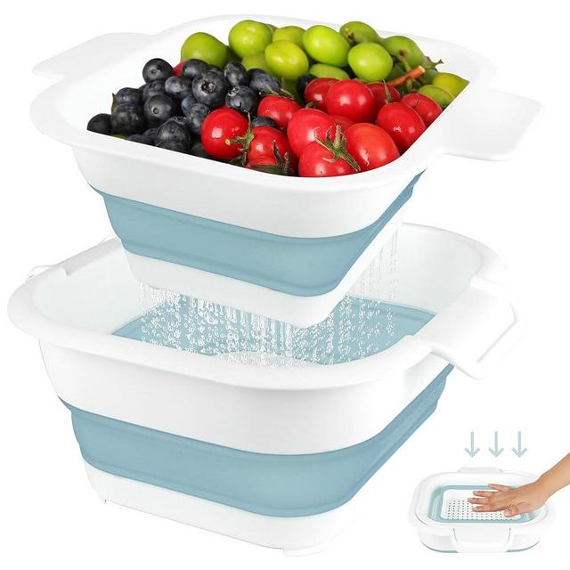 Collapsible Colander Set with Strainer Bowl, 2 in 1 Fruit Washing Basket with Strainer, 5 + 3 QT Plastic Colander for Kitchen, Foldable Double Layered Colander Bowl for Berry, Vegetable, Blue