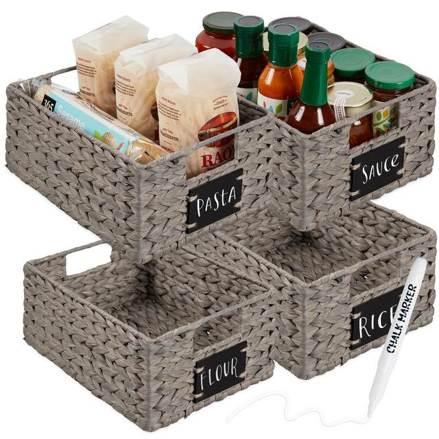 Best Choice Products Set of 4 12in Woven Water Hyacinth Pantry Baskets w/ Chalkboard Label, Chalk Marker - Gray