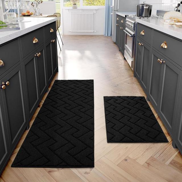 hicorfe Kitchen Rugs and Mats Sets,2 Pieces Super Absorbent Polypropylene Non-Slip Rug,Soft Comfort Floor Mat,Washable for Kitchen,Hallway,Office,Sink,Laundry(20" x 31.5" Plus 20" x 48",Black)