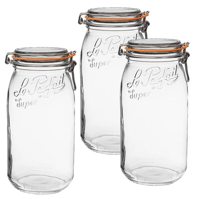 Le Parfait Super Jar - 3L French Glass Canning Jar w/Round Body, Airtight Rubber Seal & Glass Lid (96oz/3 Quarts, Pack of 3, CP)