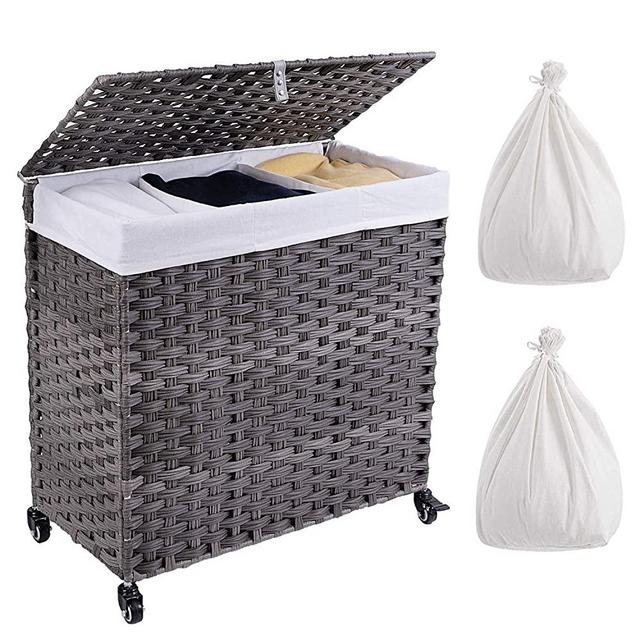 Crehomfy Laundry Hamper with Wheel and 2 Liner Bag, Synthetic Rattan Wicker Handwoven Laundry Basket with Lid and Handle, Foldable Clothes Hamper, Laundry Sorter for Laundry, Bathroom Gray 3 Section