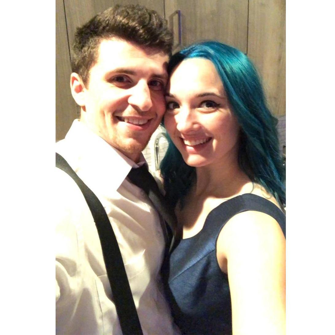 Celebrating Joe's career and my blue hair phase!