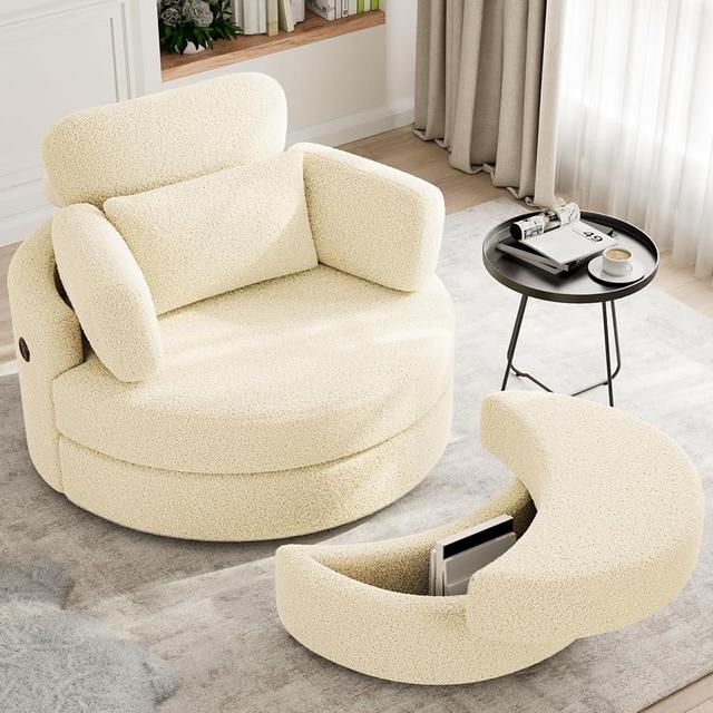 Oversized Swivel Chair with Ottoman, 41.3" Swivel Accent Chair, Barrel Chairs with USB Charging Port, Round Chaise Lounge Indoor with 4 Pillow, Reading Chairs for Living Room (Beige, Large)