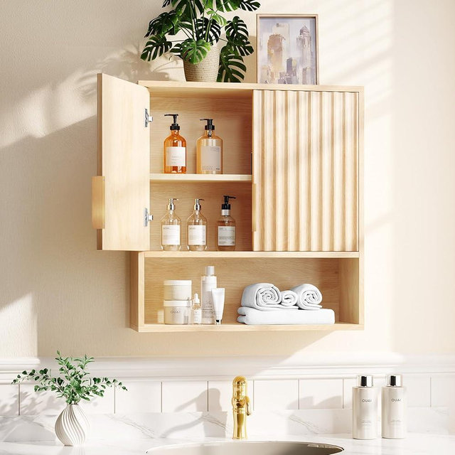 VINGLI Fluted Medicine Cabinet,Bathroom Wall Cabinet Over Toilet Storage, Upper Floating Modern Countertop Storage for Bathroom, Laundry Room,Small Hanging Kitchen Wall Cabinets (Natural Oak Color)