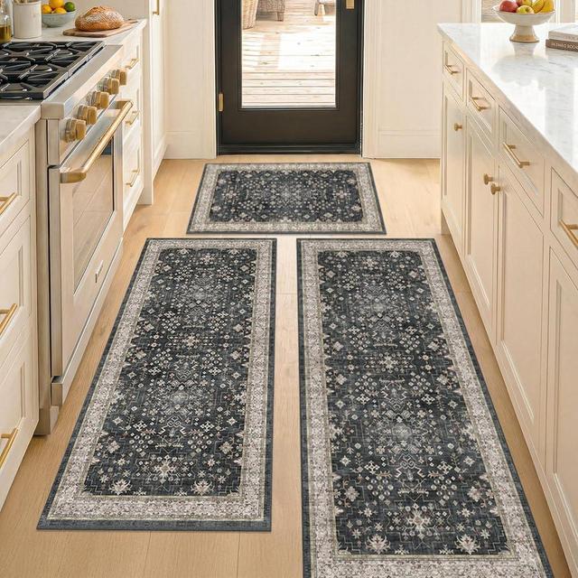 Black Kitchen Rugs Set of 3, Non-Slip Washable Kitchen Floor Mats, Low-Pile Runner Rug for Sink, Entryway, Bathroom, Laundry Room, Bedroom, Vintage Farmhouse Design