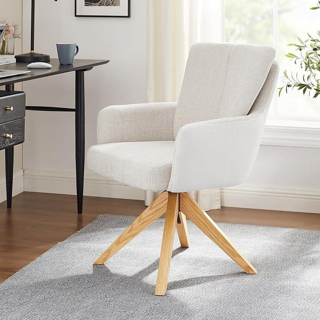 Art Leon Desk Chair No Wheels, Modern Swivel Accent Chair, Fabric Upholstered Armchair with Oak Wood Legs for Living Room Home Office, Off White Gray