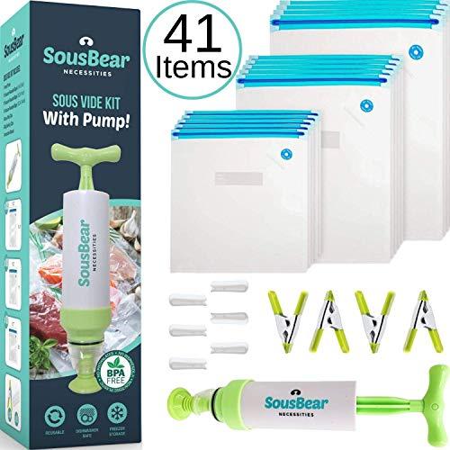 Sous Vide Bags 30 Reusable Vacuum Food Sealer Bags for Anova, Joule Cookers - 3 Sizes Sous Vide Bag Kit with Pump - 4 Sous Vide Bag Clips, 6 Sealing Clips for Food Storage and Sous Vide Cooking