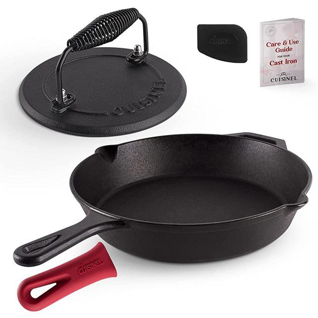 Cast Iron Skillet + Grill Press + Scraper Set - 12"-inch Pre-Seasoned Frying Pan + Silicone Handle Grip - 7" Round Burger Smasher - Indoor/Outdoor, Stove, Oven, Grill, Induction Safe Kitchen Cookware
