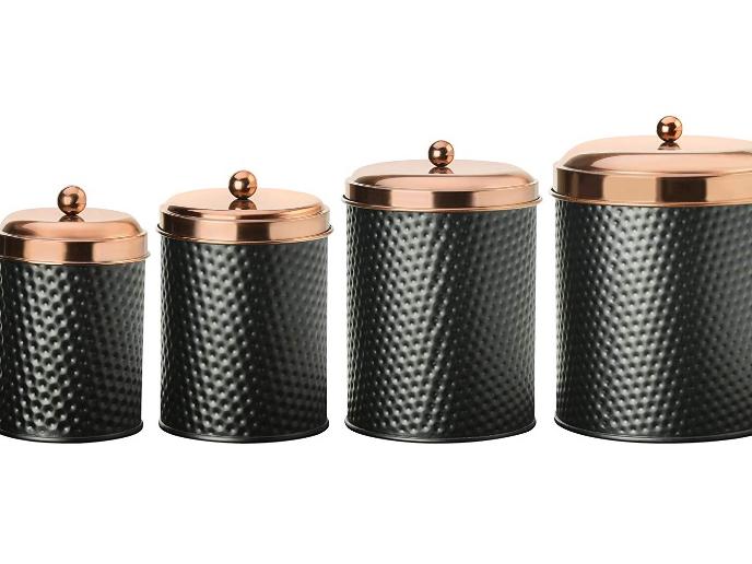 Amici Home, 7CDI030AS4R, Ashby Collection Hammered Finish Black Matte Metal Storage Canister, Push Top Copper Tone Lids, Food Safe, Assorted Set of 4 (Small, Medium, Large and Extra Large)