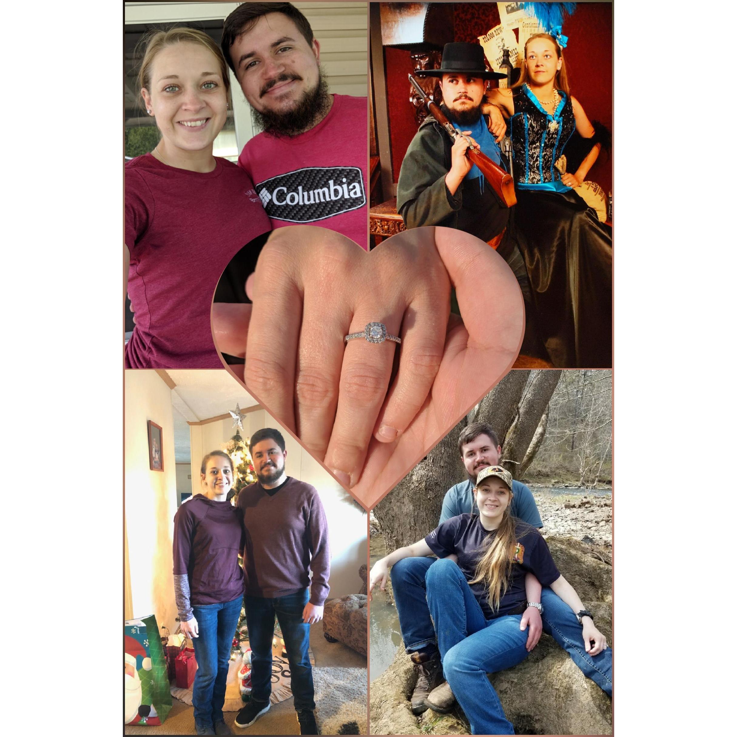 From beginning to the proposal (bottom left, counter clockwise): Our first Christmas, the day he carved our names in the tree, our first vacation, to the day he proposed.