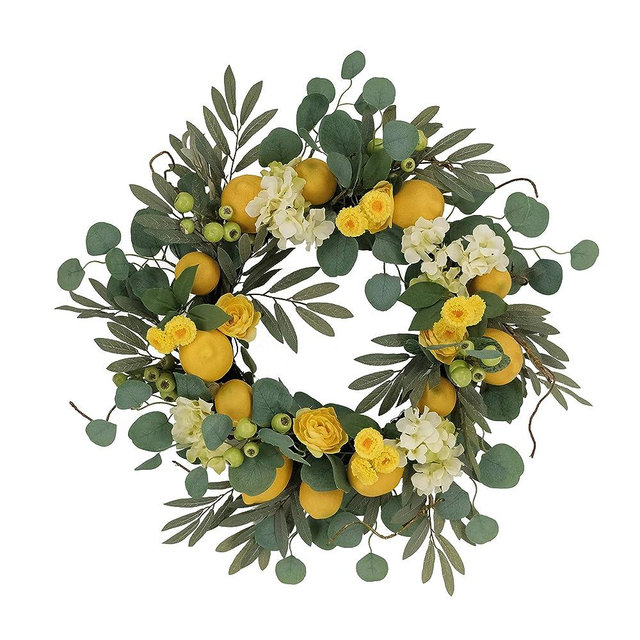 Puleo International 24" Artificial Lemon and Hydrangea Floral Spring Door Wreath