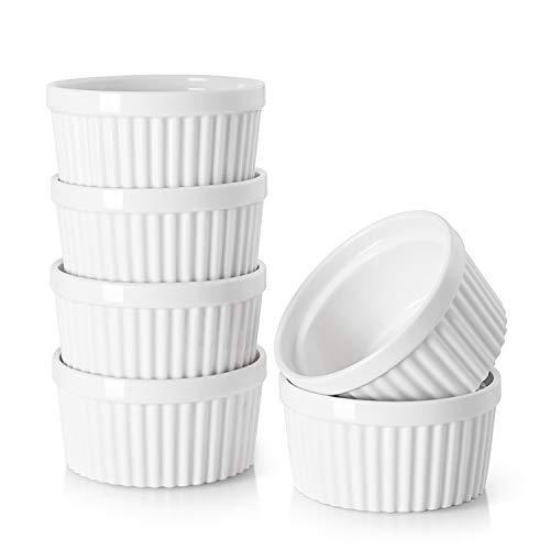 DOWAN 4 Oz Porcelain Ramekins, Serving Bowls for Souffle, Creme Brulee, Classic Style Ramekins for Baking, Set of 6, White