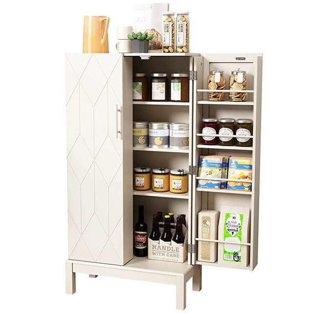 HOLTICO 45'' Kitchen Pantry Cabinet, Storage Cabinet with Doors and Adjustable Shelves, Food Pantry Cabinet for Kitchen, Dining Room, Living Room and Garage, White Legs,Ivory White Cabinet.