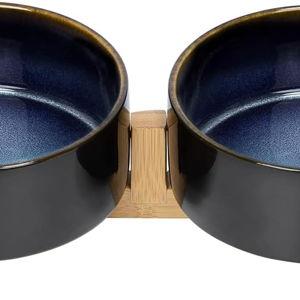 SPUNKYJUNKY Ceramic Dog and Cat Bowl Set with Wooden Stand, Modern Cute Weighted Food Water Set for Small Size Dogs (13.5OZ) & Medium Sized Dogs (28.7OZ) & Cats (1.7 Cups, 2 × Starry Blue)
