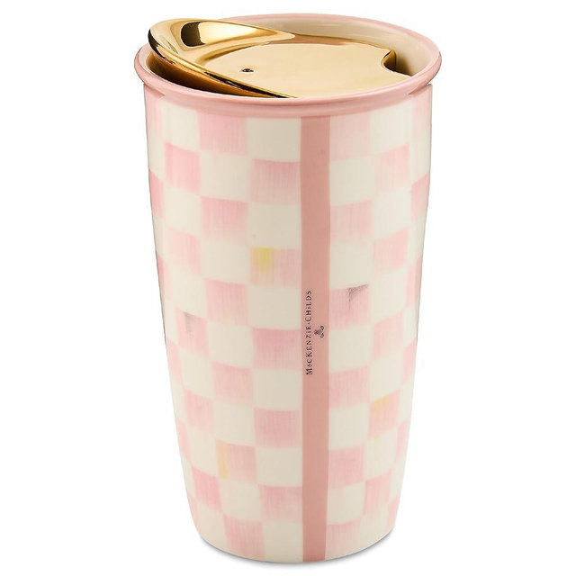 MACKENZIE-CHILDS Ceramic Travel Cup, Tumbler with Lid, 12-Ounce Capacity, Pink-and-White Rosy Check