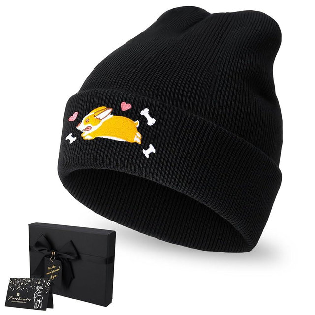 Zhamate Corgi Dog Lover Beanie Winter Warm Cute Dog Embroidery Beanie with Greeting Card Gift Box for Women Men Gift