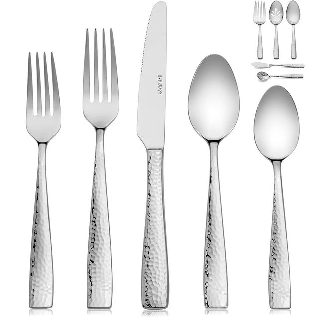 Hudson Essentials 89-Piece Hammered 18/10 Stainless Steel Silverware Cutlery Set with Serving Set, Flatware Service for 12
