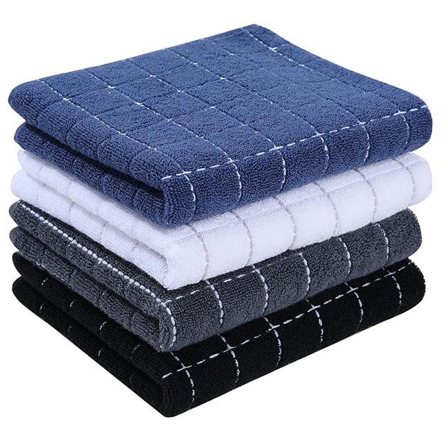 Homaxy 100% Cotton Terry Kitchen Towels(Mixed Color 2, 13 x 28 inches), Checkered Designed, Soft and Super Absorbent Dish Towel, 4 Pack