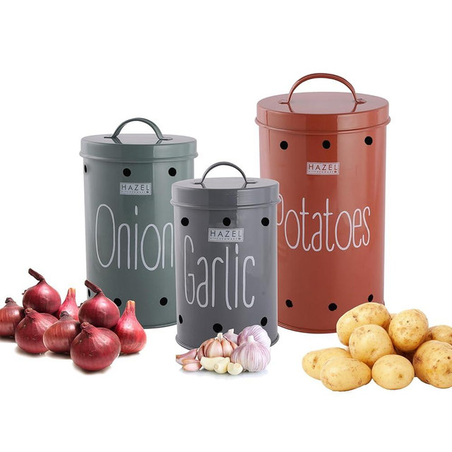 HAZEL Onion Potato Garlic Storage Container Set of 3 | Galvanized Metal Canisters with Lids | Kitchen Vegetable Bins 80oz, 120oz, 160oz