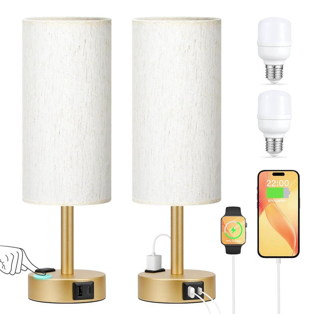 PartageiZ Gold Touch Table Lamps Set - 3 Way Dimmable Bedroom Lamps with USB C and A Ports, Small Lamps for Nightstand with AC Outlet, Gold Base Round Flaxen Shade for Desk, Office, Dorm, Nursery