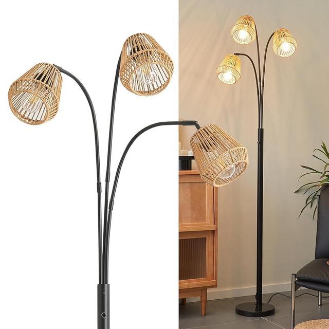 Boho Floor Lamp for Living Room, 72 Inch Tall Rattan Floor Lamp with Rotary Switch, 3-Lights Arched Lamp with Wicker Shade for Coastal,Bohemian,Mid Century Modern ,Farmhouse,Beach Tree Standing Lamp