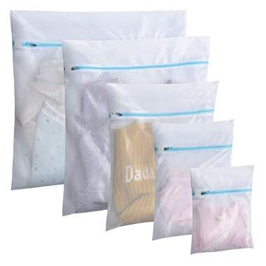 Polecasa Mesh Laundry Wash Bags for Lingerie and Delicates - 5 Pack- Lead Free Fine Net Fabric with Strengthened Zipper for Bras, Socks, Bath Towels, Bed Sheet, Bedcover, Toys, Travel Organizing