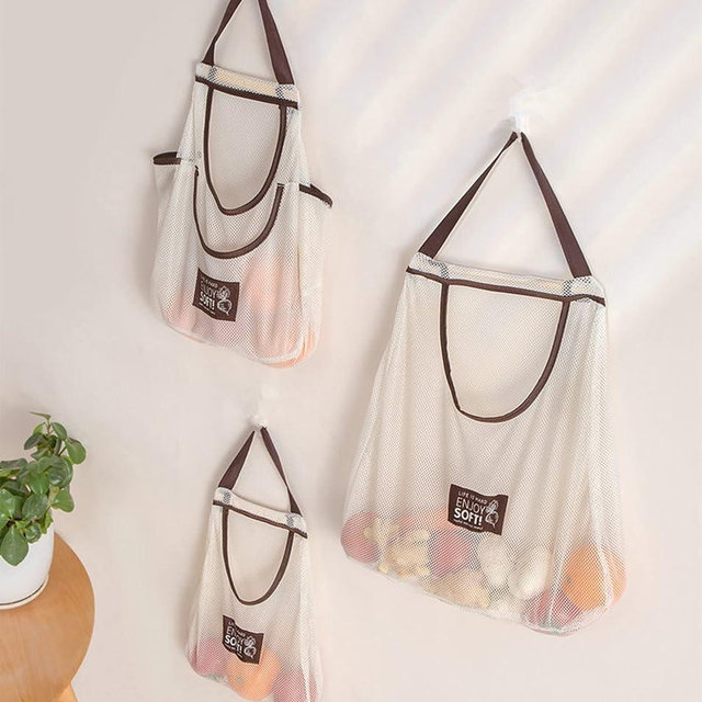 3PACK Mesh Reusable Bag Mesh Bags Hanging Storage Onion Holder Portable Washable Cotton Mesh String Organic Organizer|Mesh produce bags|Eco friendly Over the Door Pantry Organizer (3PACK-Beige)