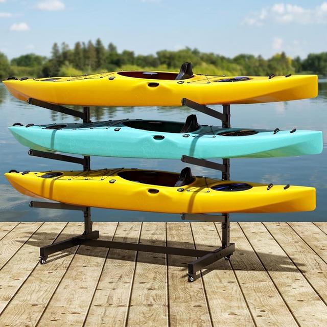 Baotree Heavy Duty Freestanding Kayak Storage Rack, Adjustable Metal Stand for Kayaks, Canoes, SUPs, Paddleboards & Surfboards with Lockable Wheels, Indoor & Outdoor Use