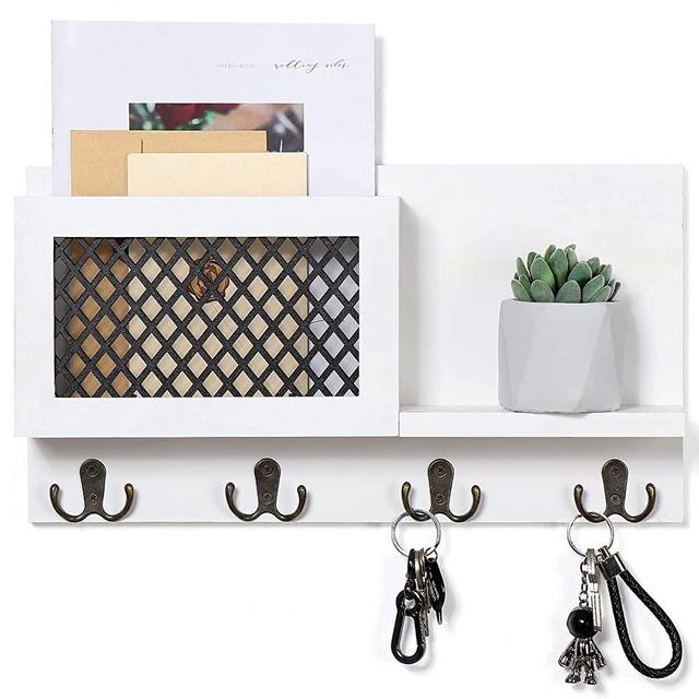 Key and Mail Holder for Wall Decorative - Rustic Mail Organizer Wall Mount, Wooden Letter Sorter Organizer with 4 Key Rack Hooks for Hallway Kitchen Farmhouse Decor (16.5” x 9.1” x 3.4”)