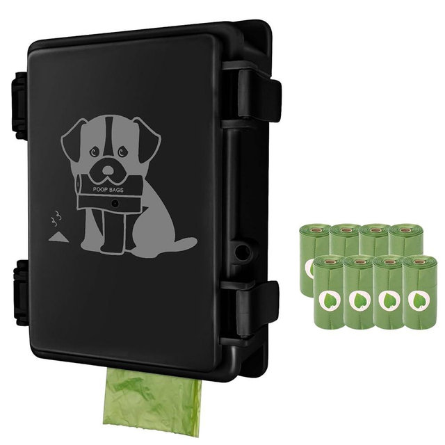 Dog Poop Bag Dispenser Wall Mount Outdoor Pet Waste Bags Storage Container Waterproof Box, 8 Rolls, Post, Fence Mountable Small Dog Waste Station for Home, Yard (Black dispenser + bags)