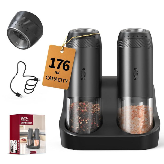 CIRCLE JOY Rechargeable Salt and Pepper Grinder Set, Gravity Sensor Electric Salt and Pepper Grinder Set with External Adjustment, 176ml Capacity and One-handed Operation, Black