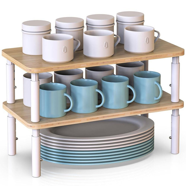 WELL WENG Cabinet Organizer Shelf, Spice Rack Set of 2 Kitchen Pantry Cupboard Shelves, Stackable, Height Adjustable, Natural Bamboo (15.6" W)