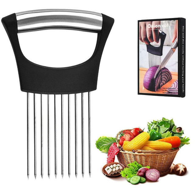 Onion Holder for Slicing, 2025 New Stainless Steel Onion Slicer Holder, Lemon Tomato Onion Cutter, Vegetables Fruit Chopper Kitchen Gadgets Assistant Tool for Meat, Eggs, Onion, Potato, Tomato (1)