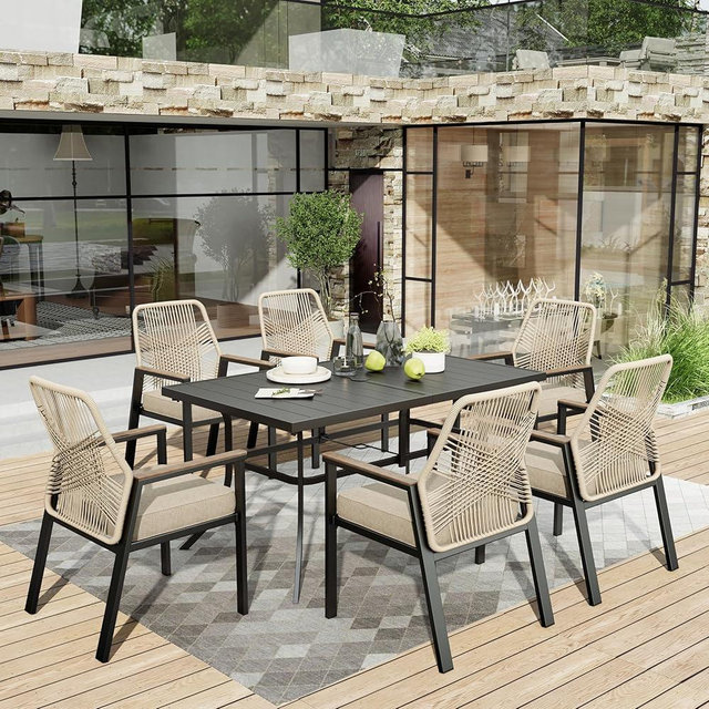 HERA'S HOUSE 7 Pieces Patio Table and Chairs Set, Outdoor Dining Set for 7, 6 x Cushioned Woven Rattan Patio Chairs and 1 x Black Metal Table with Umbrella Hole, Outdoor Rattan Dining Set for Lawn