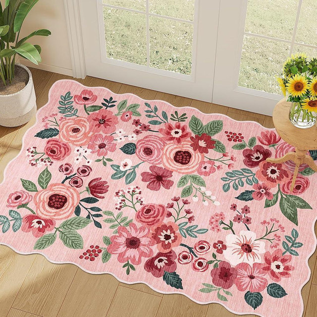 DUKINO 2x3 Entryway Rug, Floral Washable Indoor Door Mat with Non-Slip Backing, Soft Low Pile Small Front Door Throw Rugs for Entryway, Kitchen, Bedroom, Laundry, Bathroom,Pink
