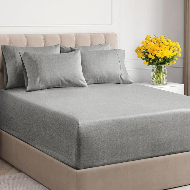 Extra Deep Cal King Sheet Set - 6 Piece Breathable & Cooling Sheets - Hotel Luxury Bed Sheets Set - Easy Fit - Soft, Wrinkle Free & Comfy Sheets Set - Heathered Grey Sheet Set w/Extra Deep Pockets