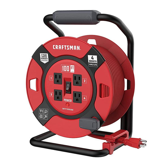 CRAFTSMAN Retractable Extension Cord Reel 100 Ft. With 4 Outlets & Heavy Duty 14AWG SJTW Cable