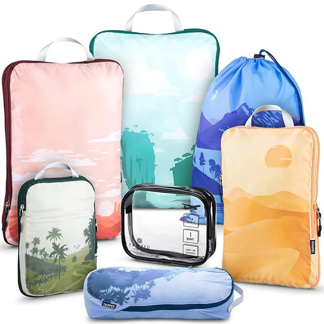 Large Packing Cubes for Travel-Extra Large Compression Packing Cube Luggage Organizers 7 Piece Set-Ultralight, Expandable/Compression Bags for Clothes (Landscape)